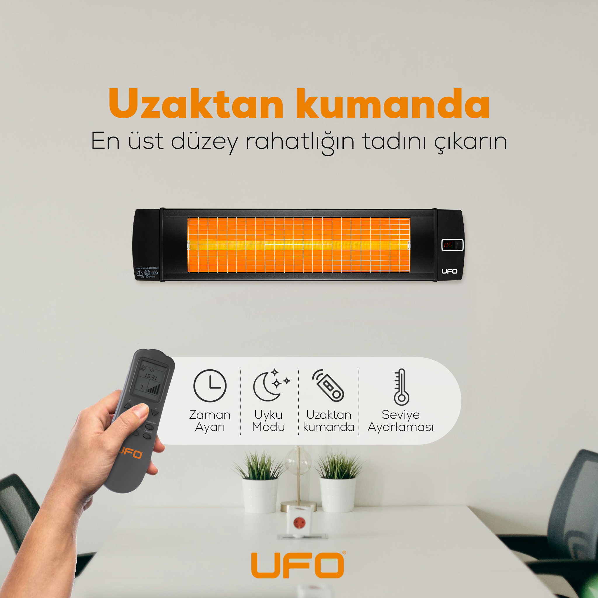 UFO Black Line 2000 W Uzaktan Kumandalı - Dikey ve Yatay Isıtıcı (Devrilme Emniyetli Prizli Stand Hediyeli) - Thumbnail